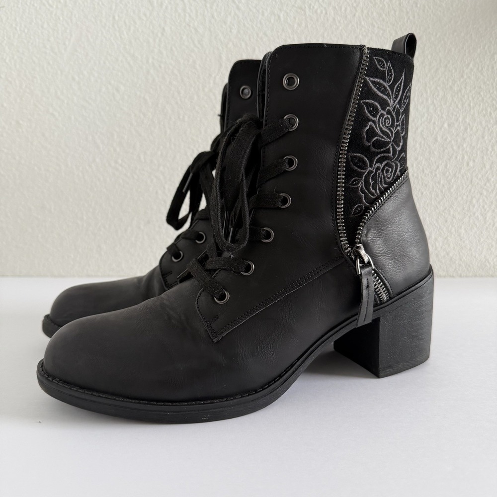 Patrizia Junia-Rose Embroidered Black Combat Boot Womens 9/40‎